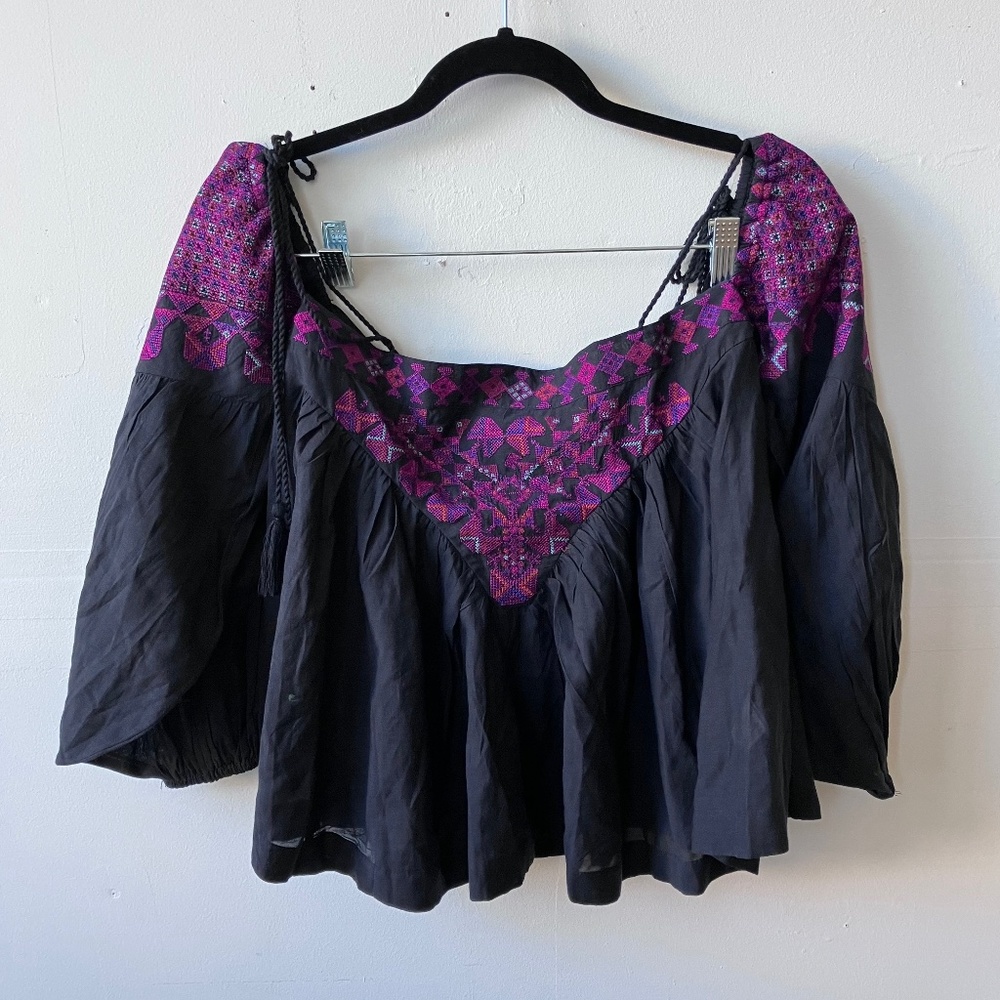 Free people, black burgundy, and purple embroidered off the shoulder top